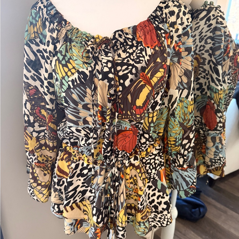 Alice + Olivia Multicolor Butterfly Silk Peasant Blouse M-L